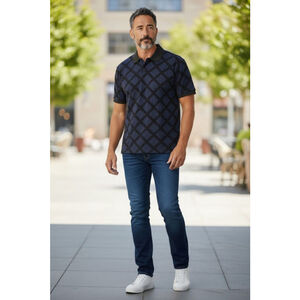 Men's SILVER STONE Collection Navy Black Plaid Polo Shirt XL